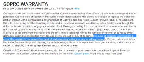 Pernyataan di Website Resmi GoPro Mengenai Void Warranty akibat Leak di Housing GoPro